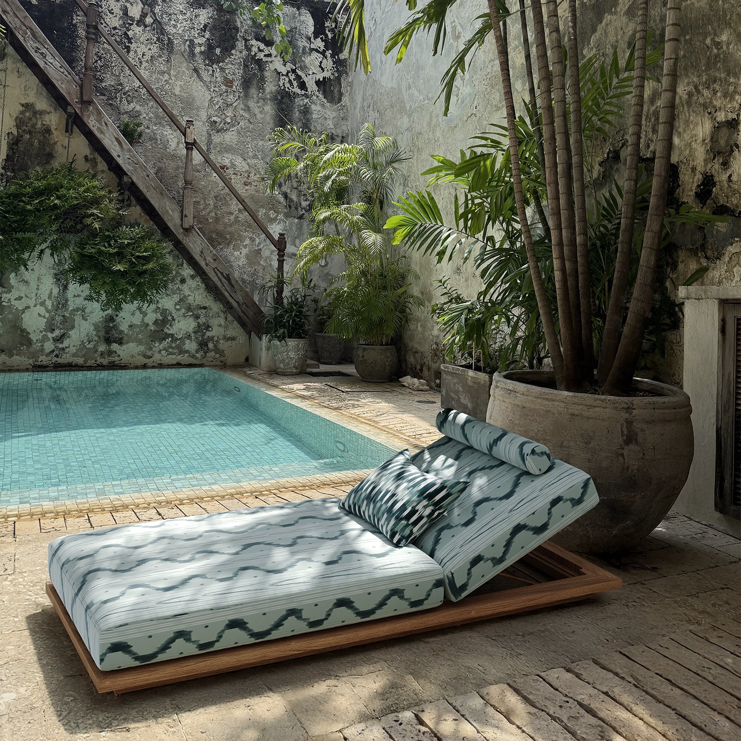 Outdoor Pillow - Teal Ikat Waves - Image 4