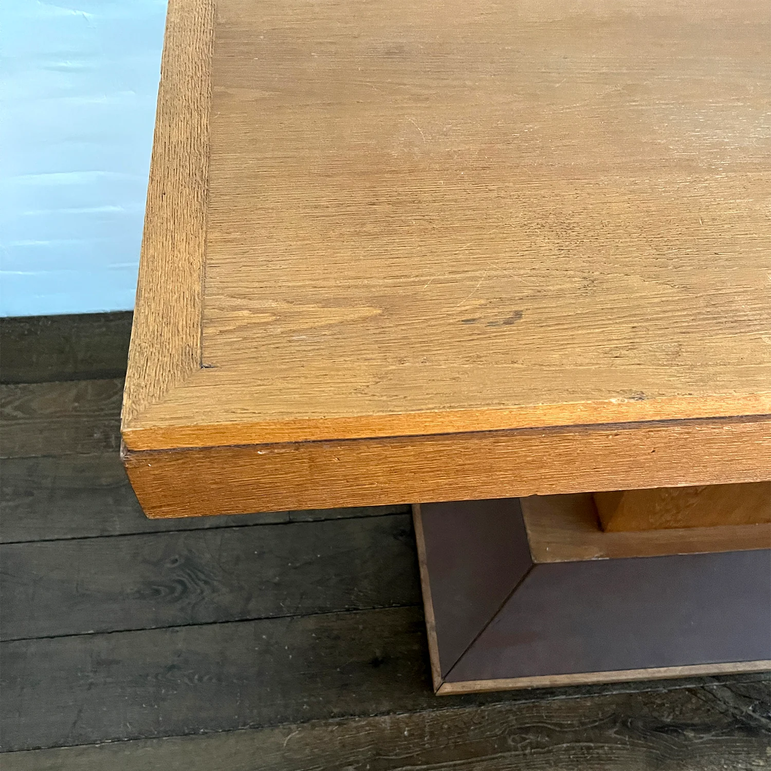 Oak and Leather French Console circa 1940's - Image 4