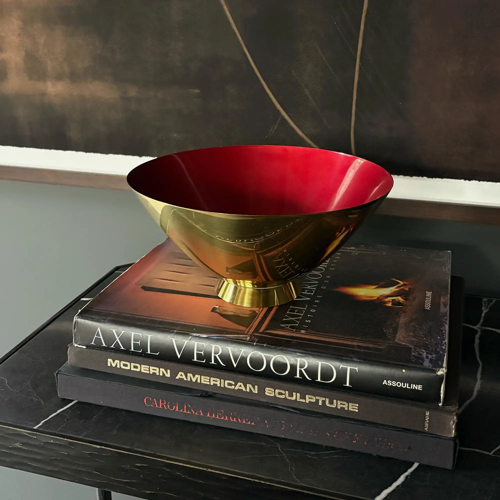 Mid century brass bowl with enameled deep red interior - Image 2