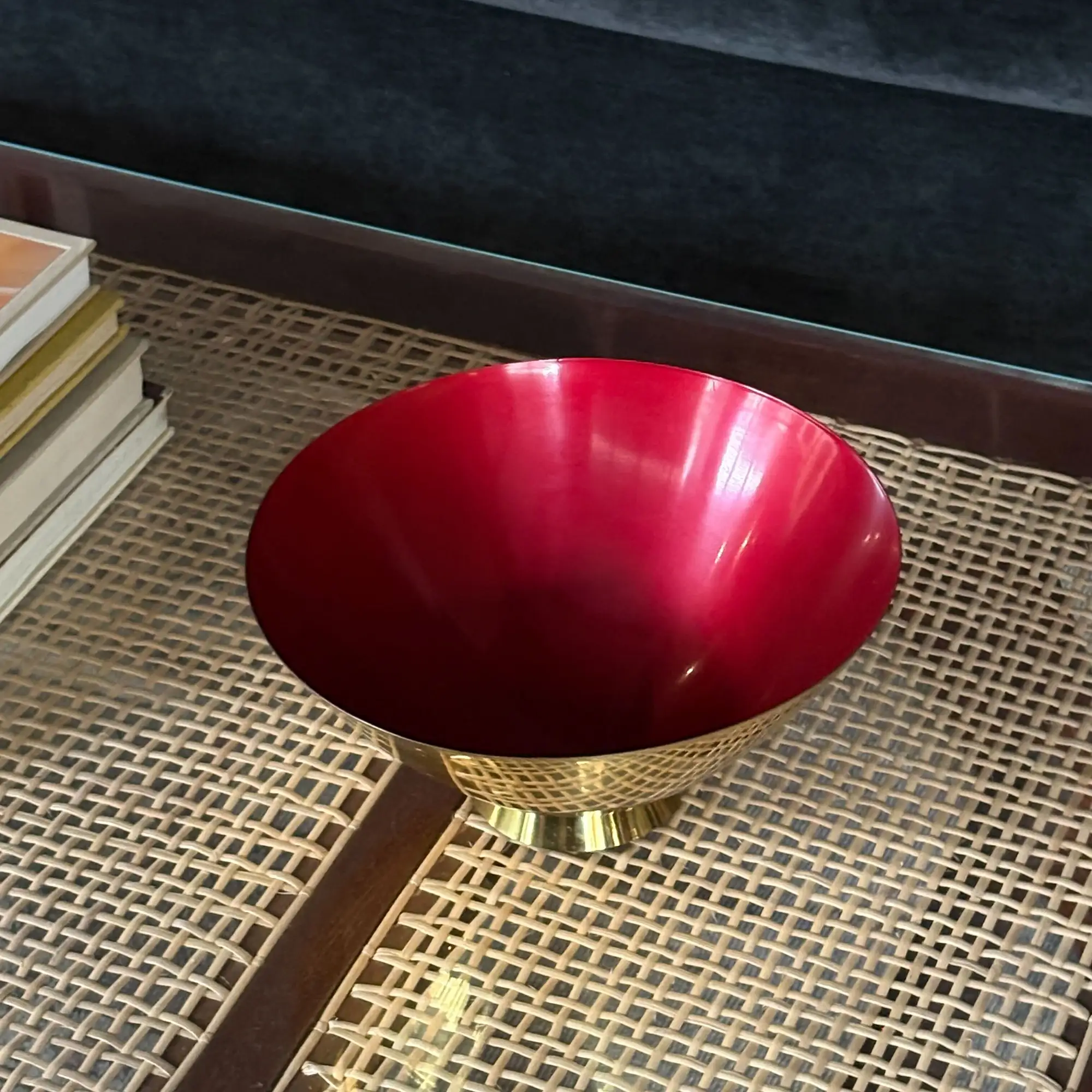 Mid century brass bowl with enameled deep red interior - Image 3