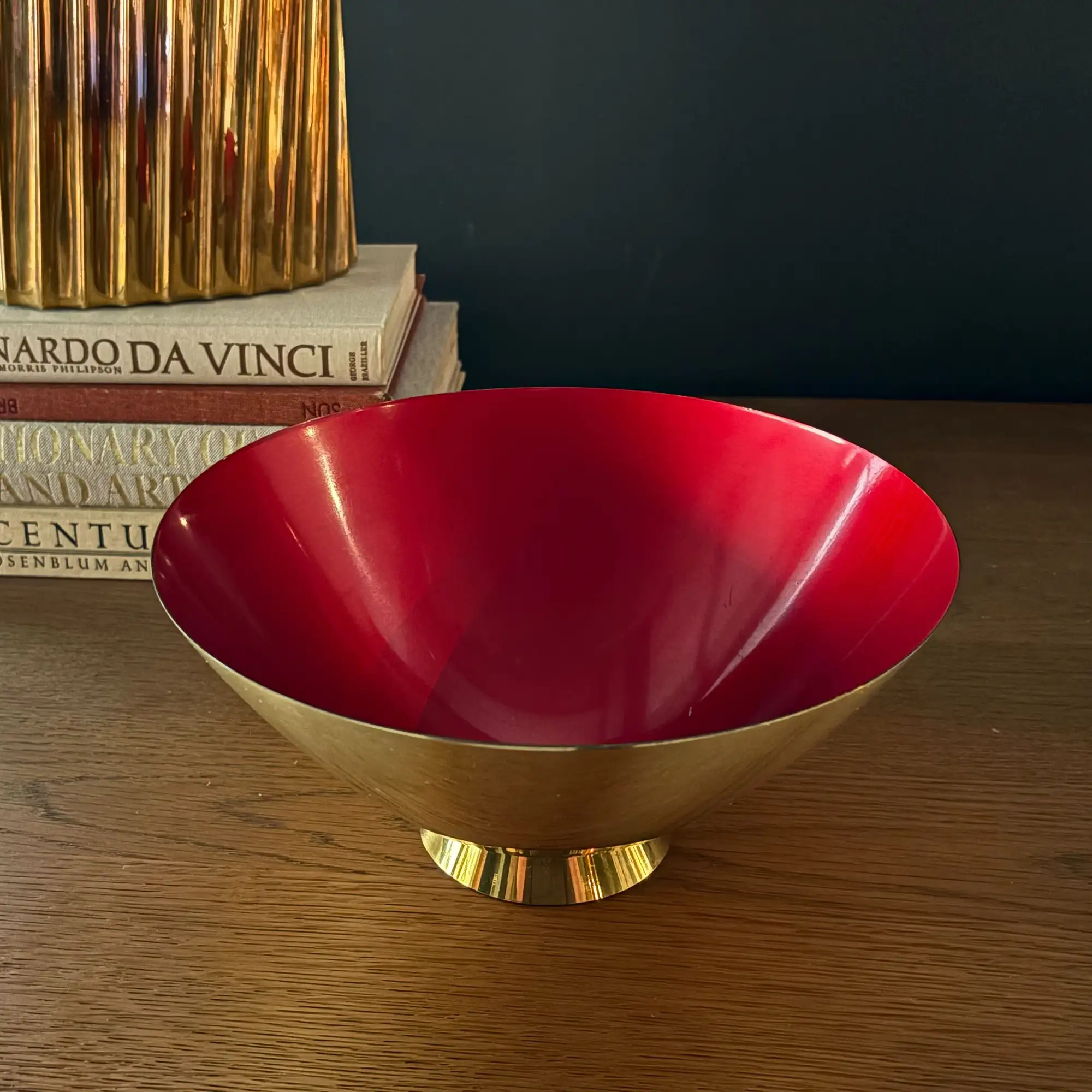 Mid century brass bowl with enameled deep red interior - Image 4